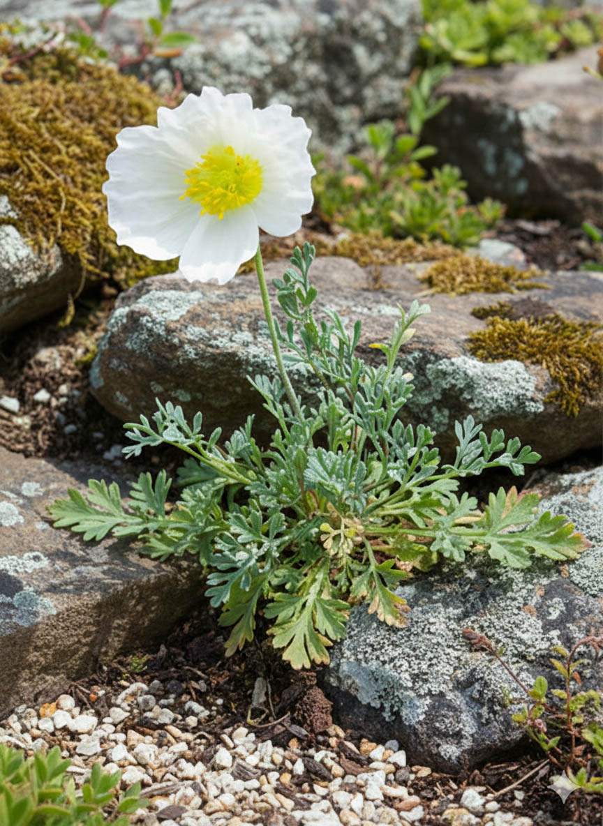 Papaver alpinum en fleurs dans les éboulis d'altitude des Alpes